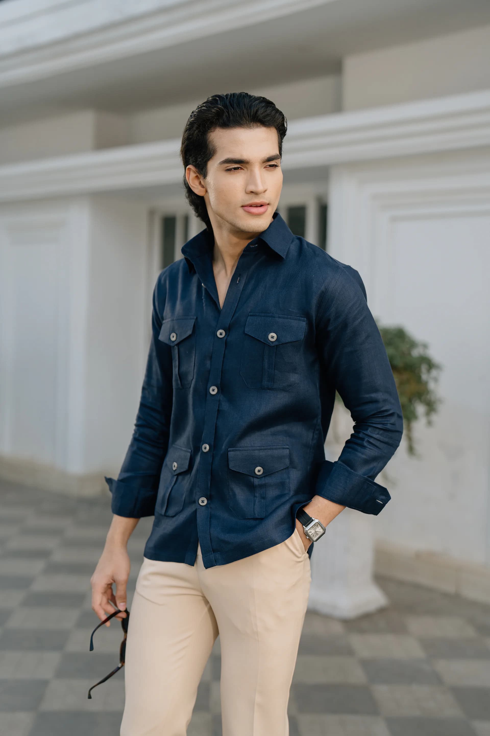 Safari Linen Shirt - Navy blue thumbnail 5