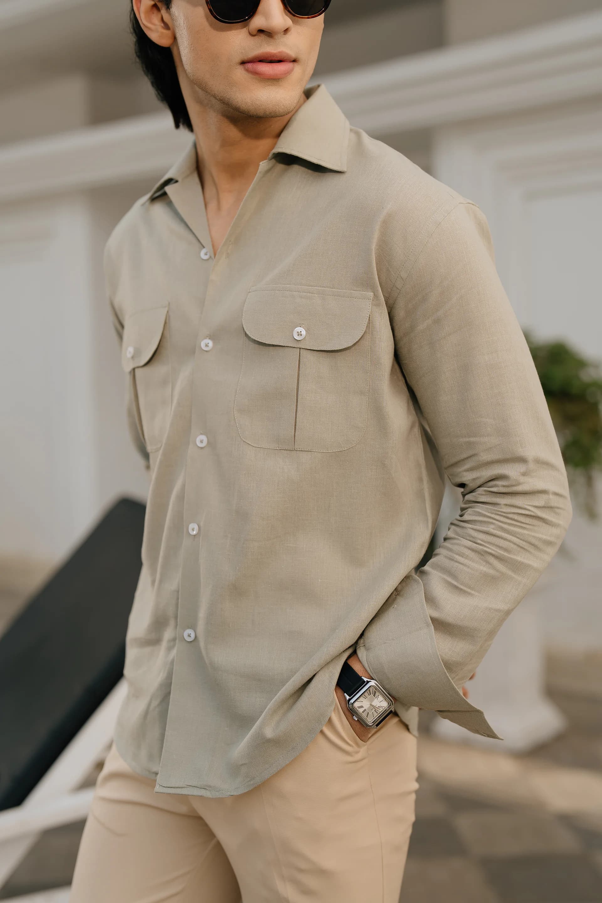 Double Pocket Linen Shirt - Light Olive thumbnail 1