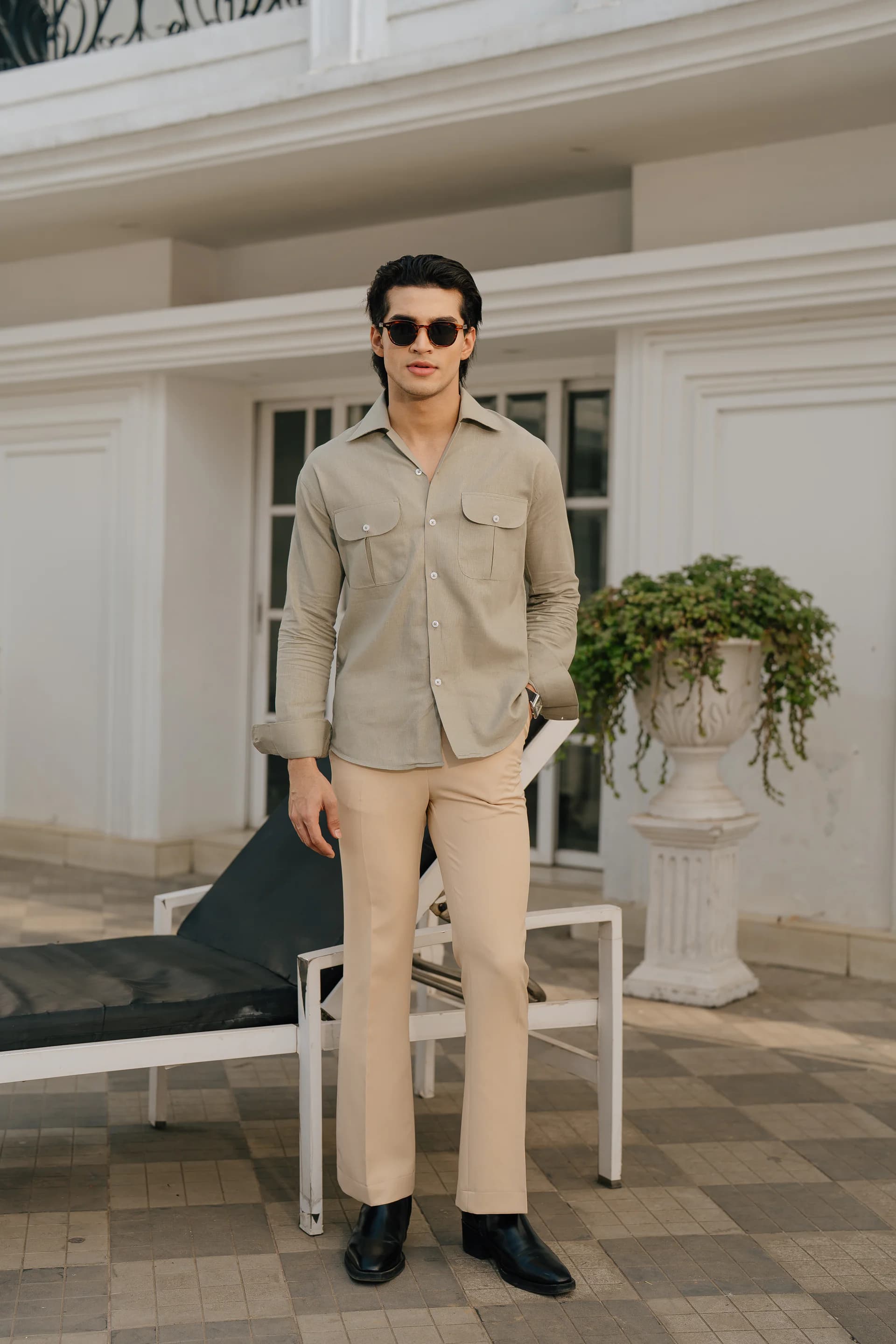 Double Pocket Linen Shirt - Light Olive thumbnail 3