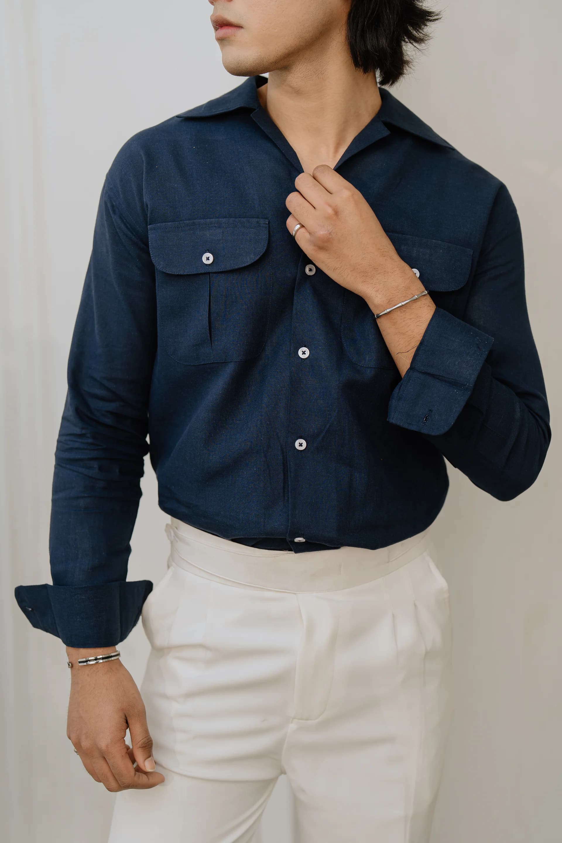 Double Pocket Linen Shirt - Navy blue thumbnail 1