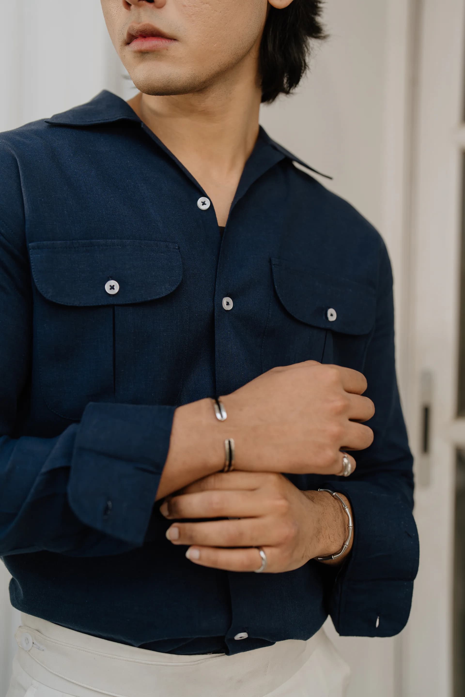 Double Pocket Linen Shirt - Navy blue thumbnail 4