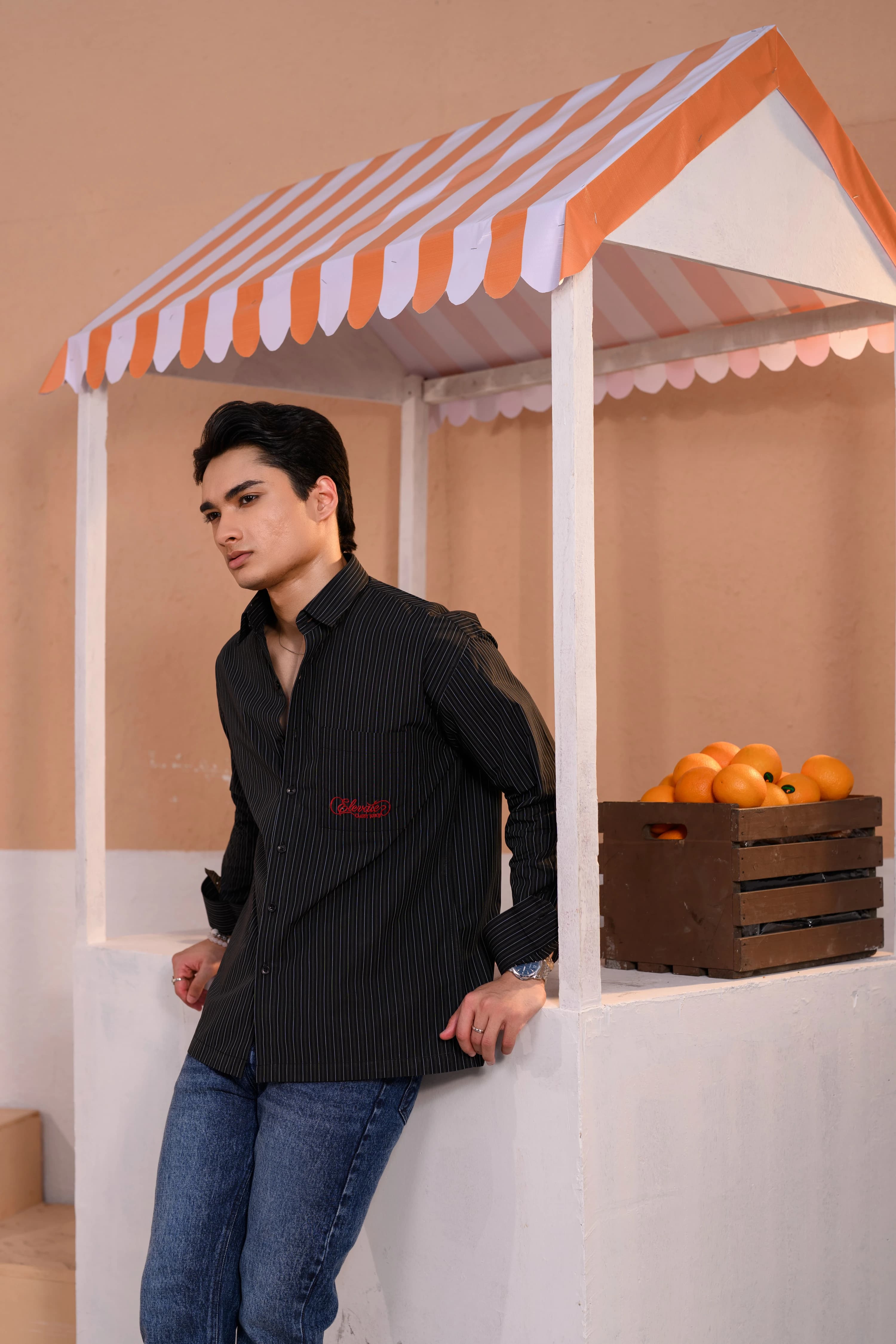 Casual Embo Stripe Shirt | Black thumbnail 1