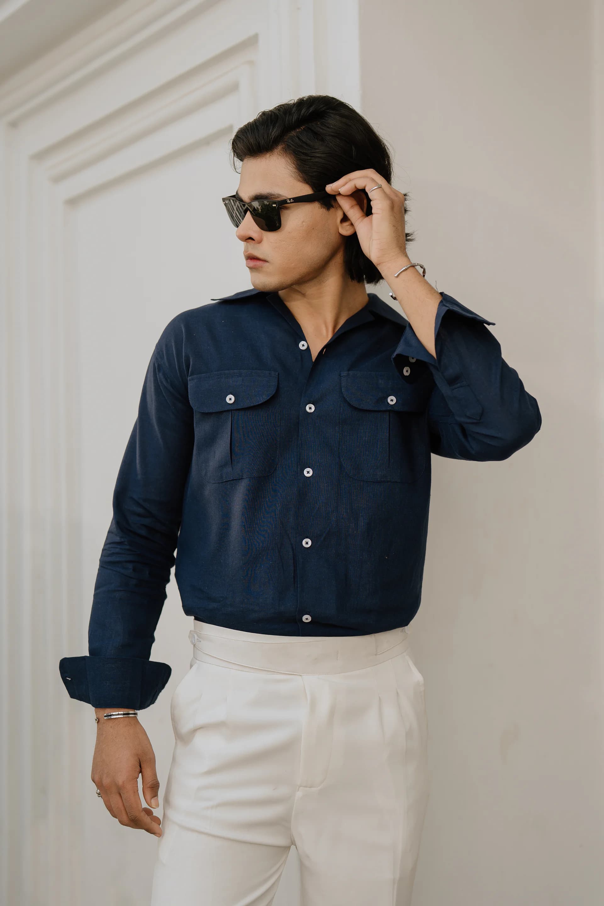 Double Pocket Linen Shirt - Navy blue thumbnail 3