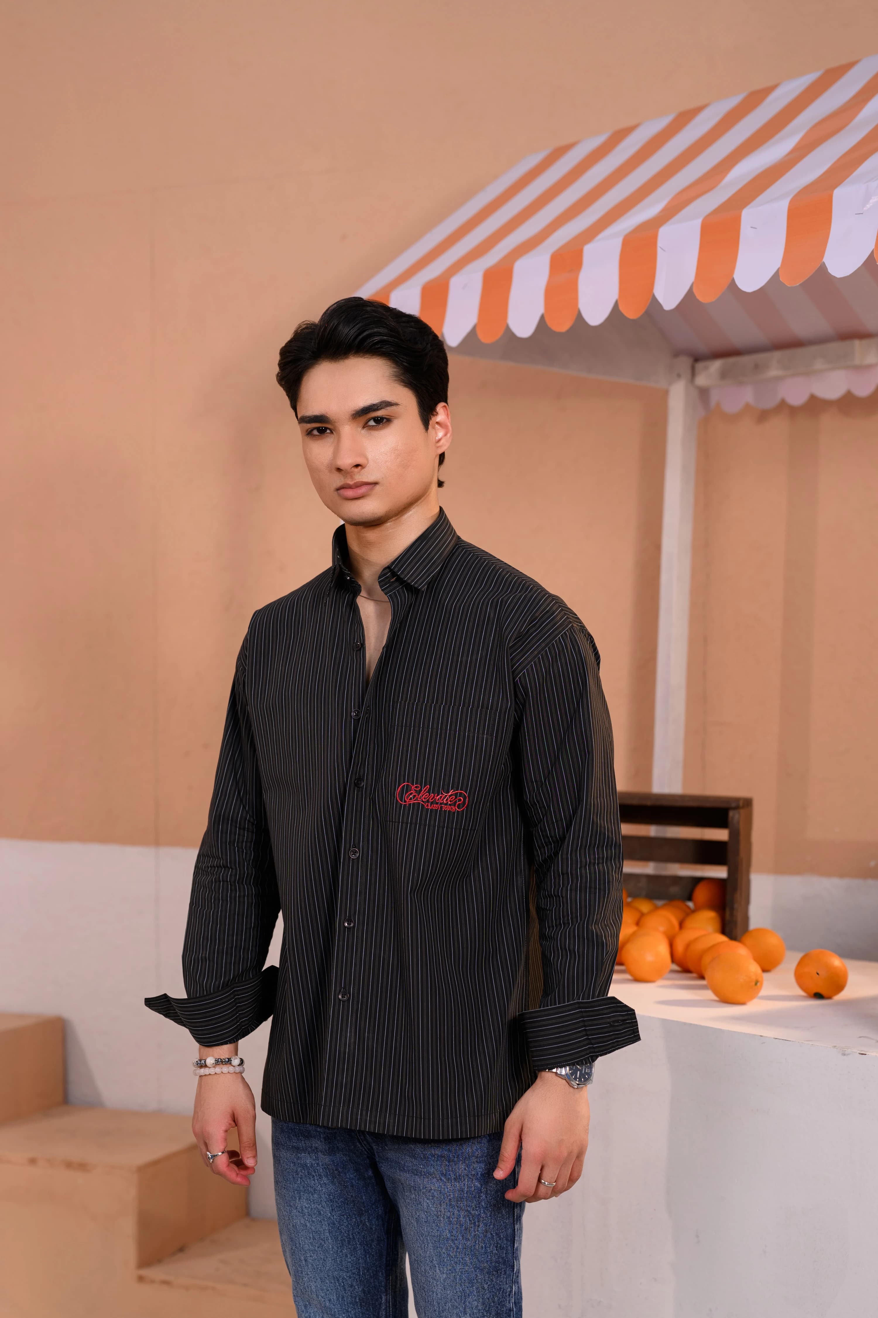 Casual Embo Stripe Shirt | Black thumbnail 2
