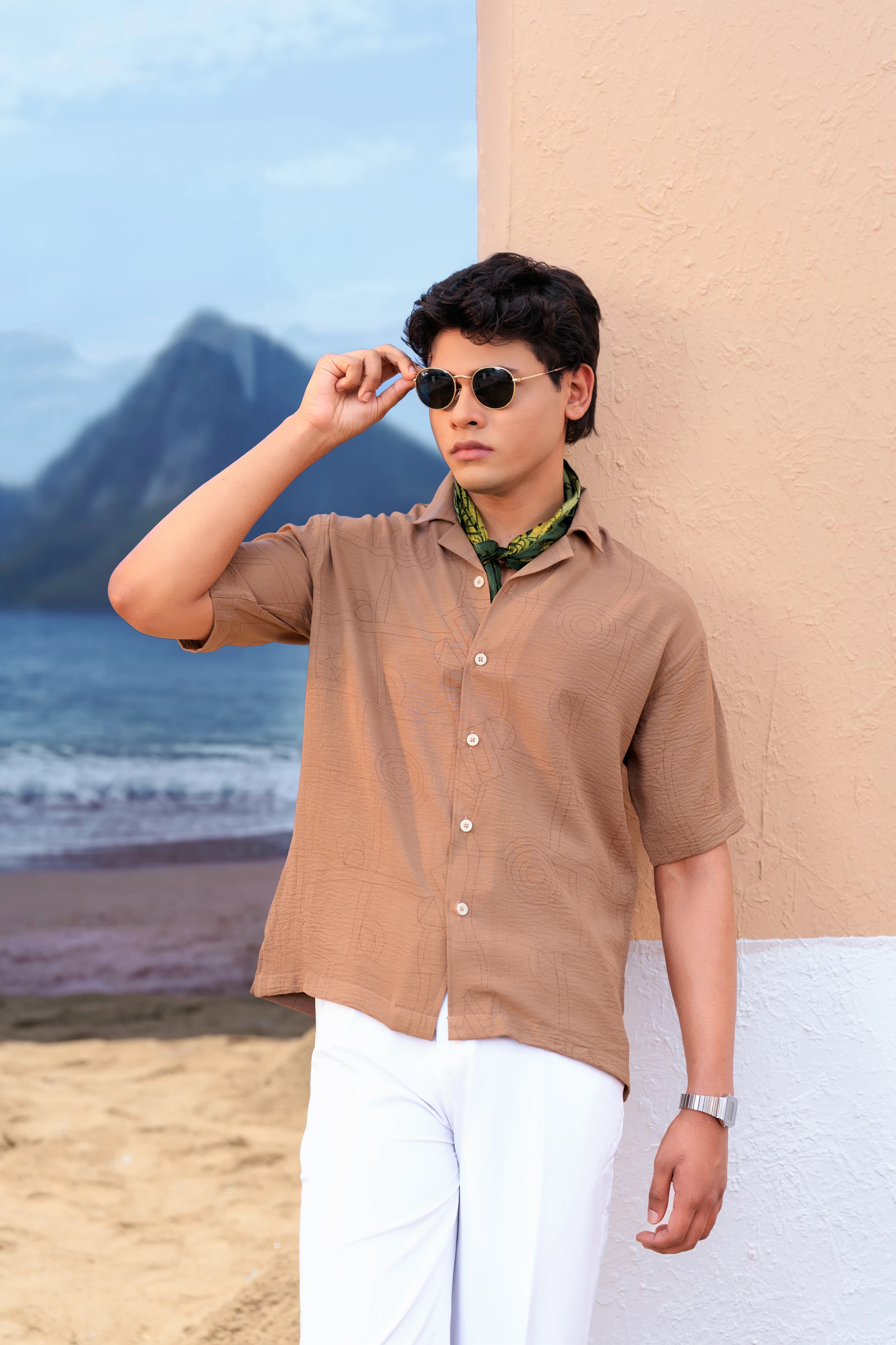 Half  Crop Boxy Shirt | Beige thumbnail 1