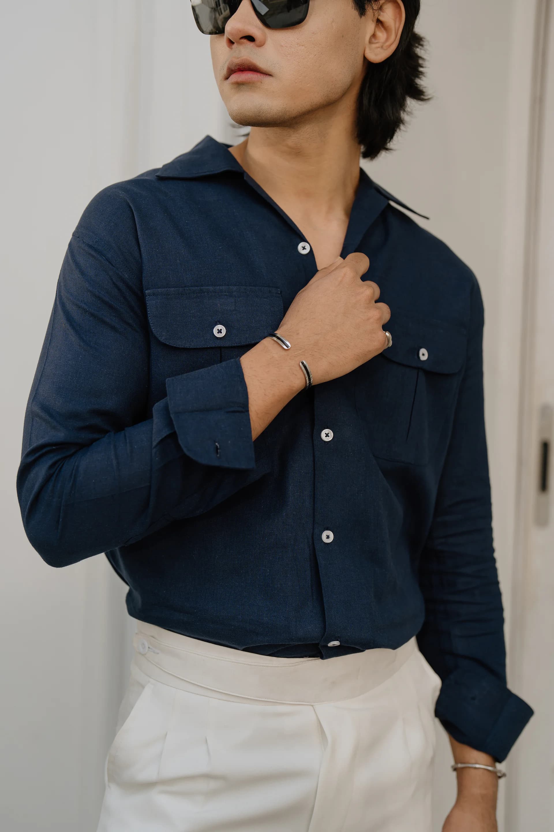 Double Pocket Linen Shirt - Navy blue thumbnail 5