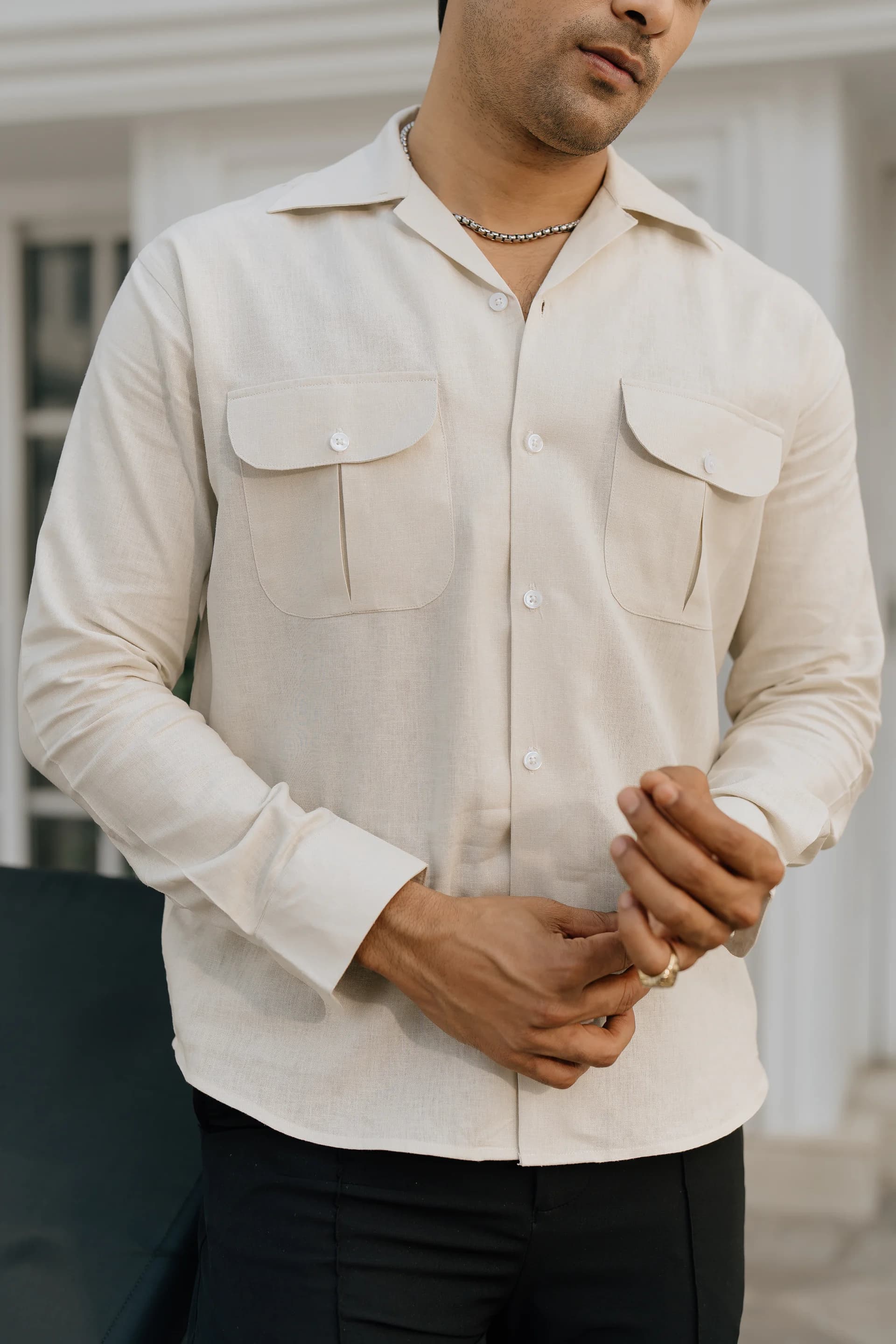 Double Pocket Linen Shirt - Off white thumbnail 1