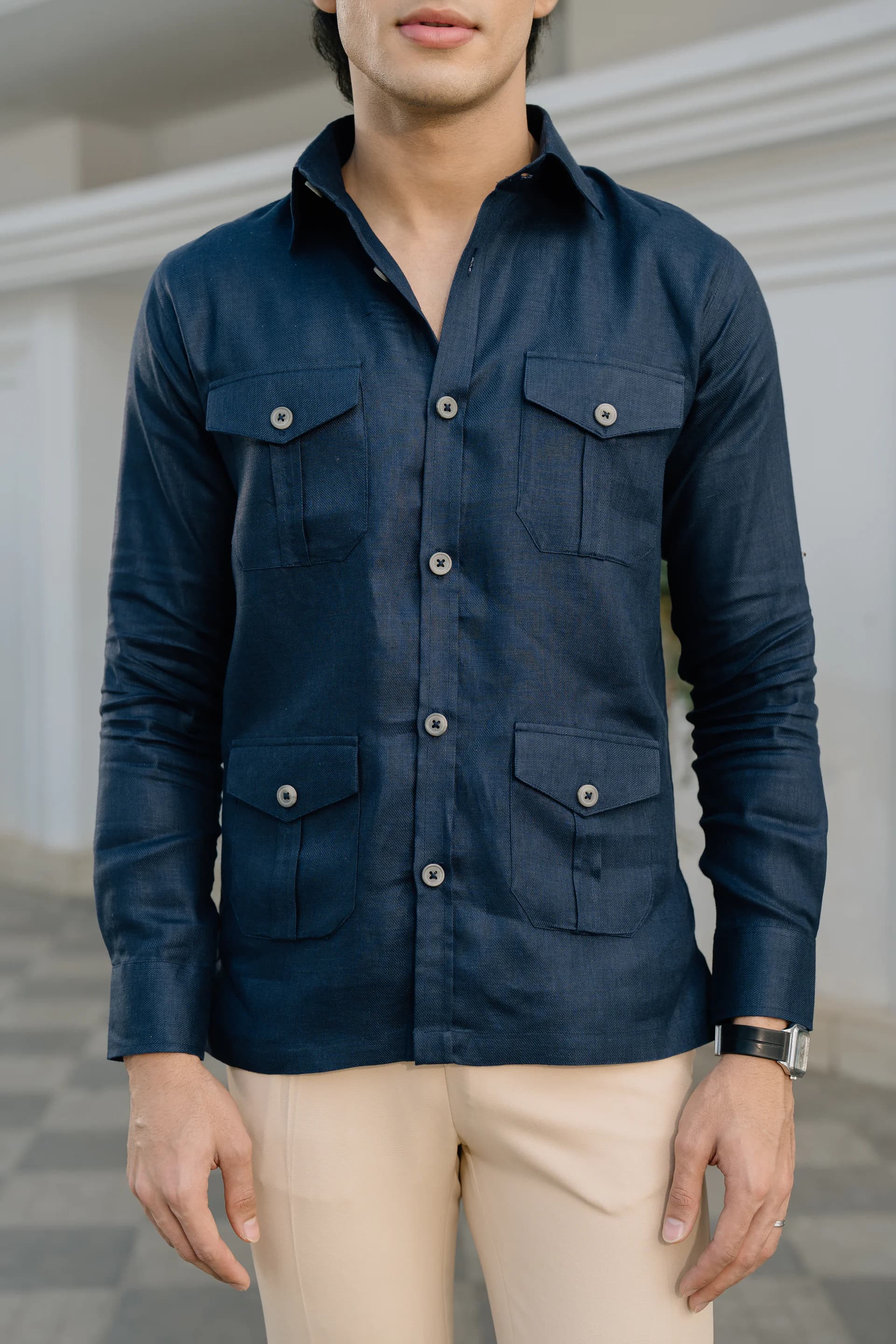 Safari Linen Shirt - Navy blue thumbnail 1