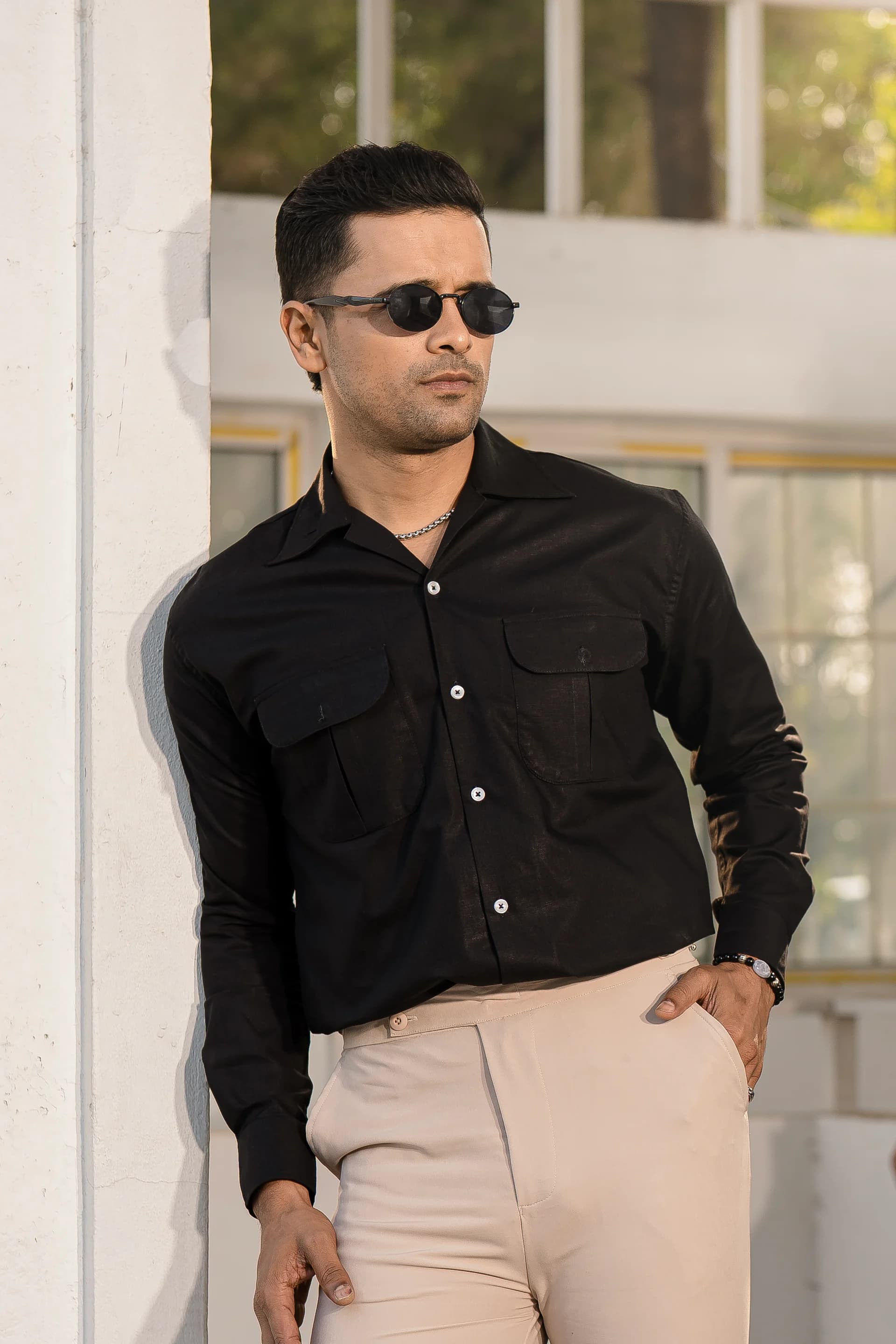 Double Pocket Linen Shirt - Black thumbnail 1