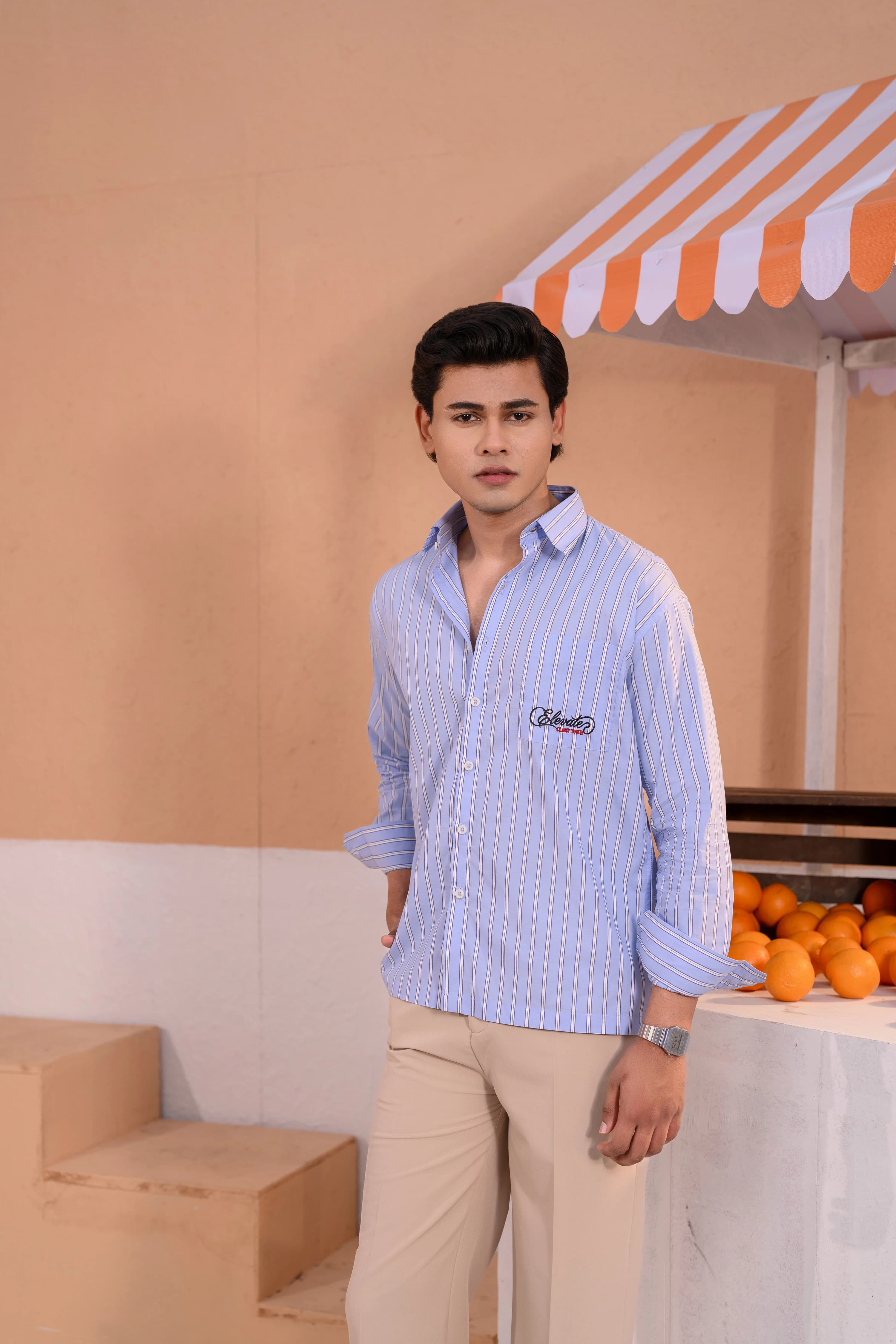 Casual Embo Stripe Shirt | Light blue thumbnail 3