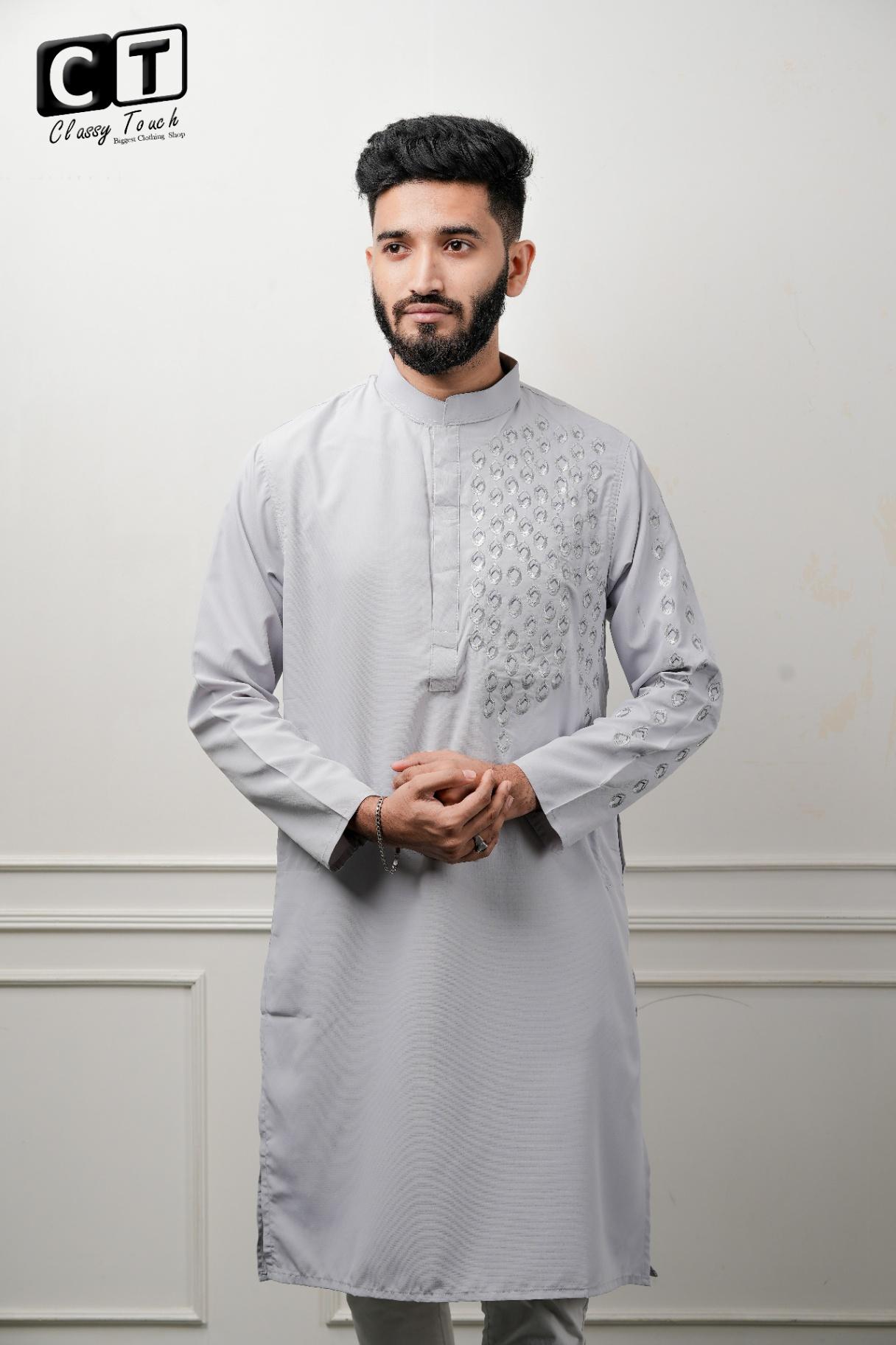 Ash grey - Designer Embroidery Panjabi 