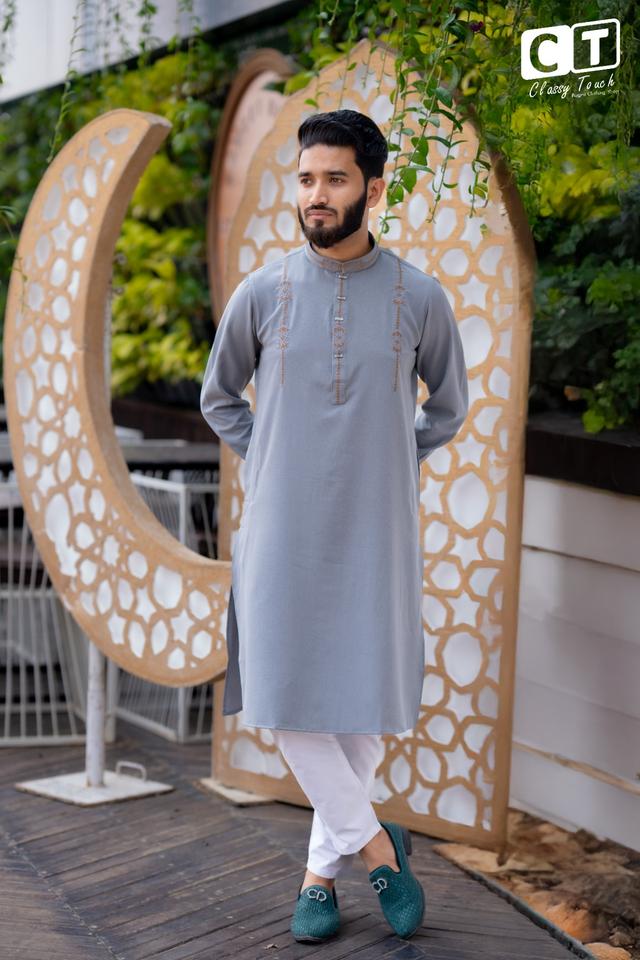 Ash grey - Premium Designer Embroidery Panjabi 