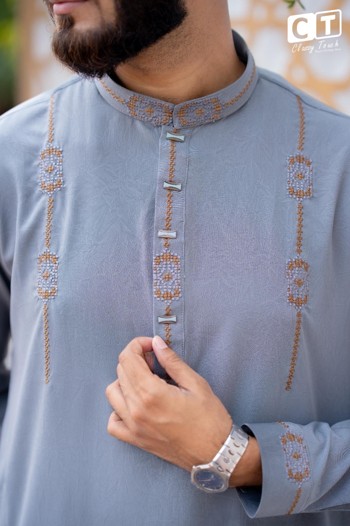Ash grey - Premium Designer Embroidery Panjabi 