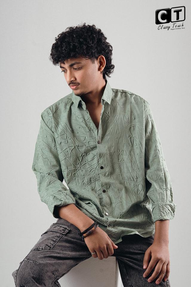 Light Olive - Puff Textured casual shirt