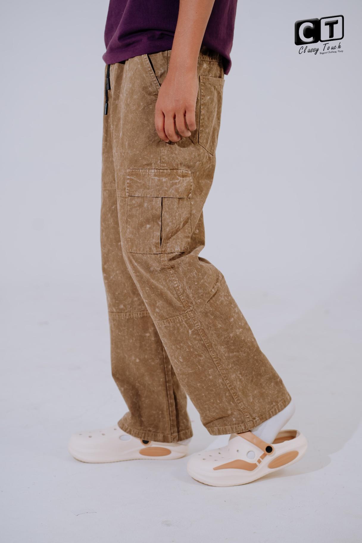 Acid Wash Twill Cargo Baggy Pants - Brown