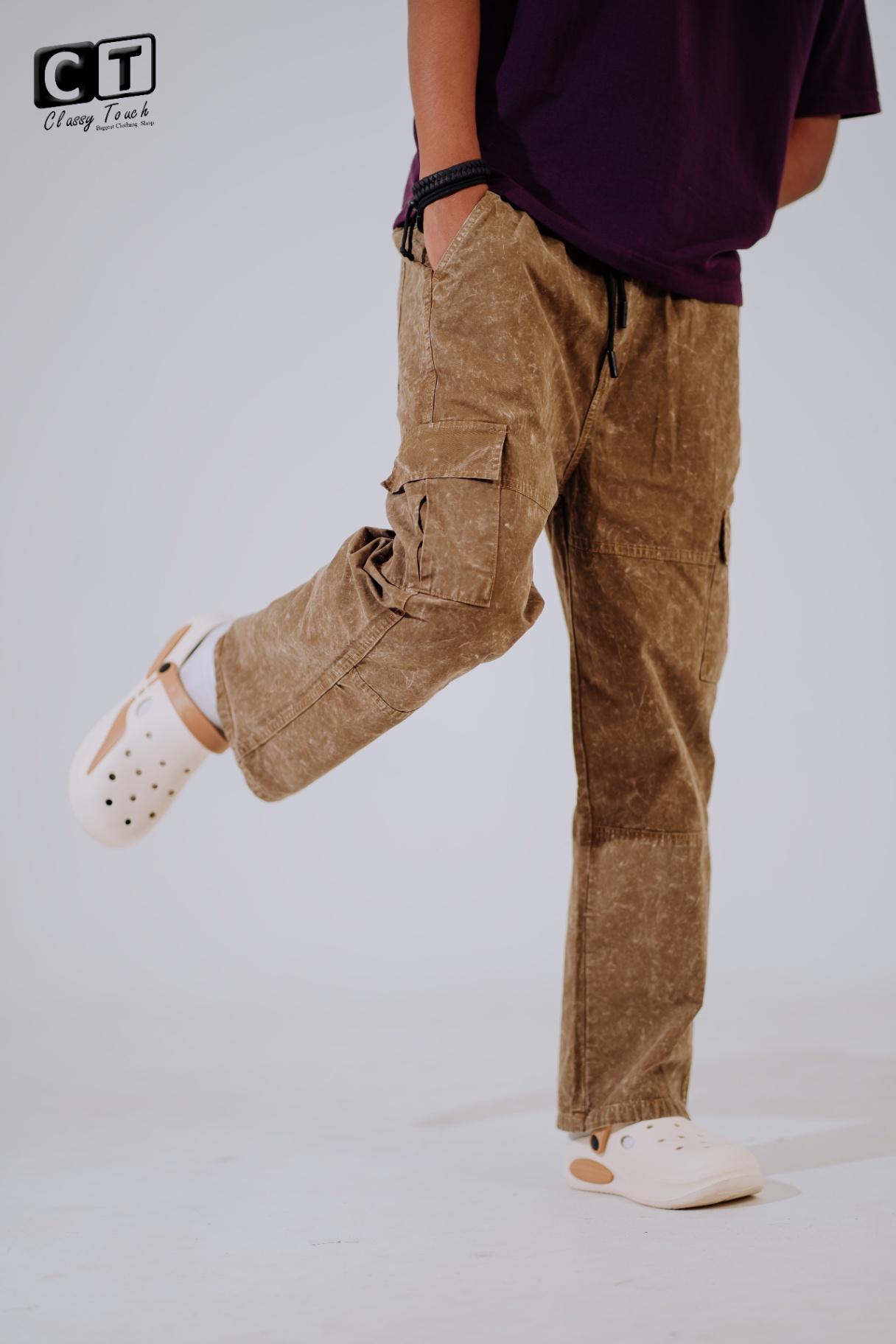 Acid Wash Twill Cargo Baggy Pants - Brown