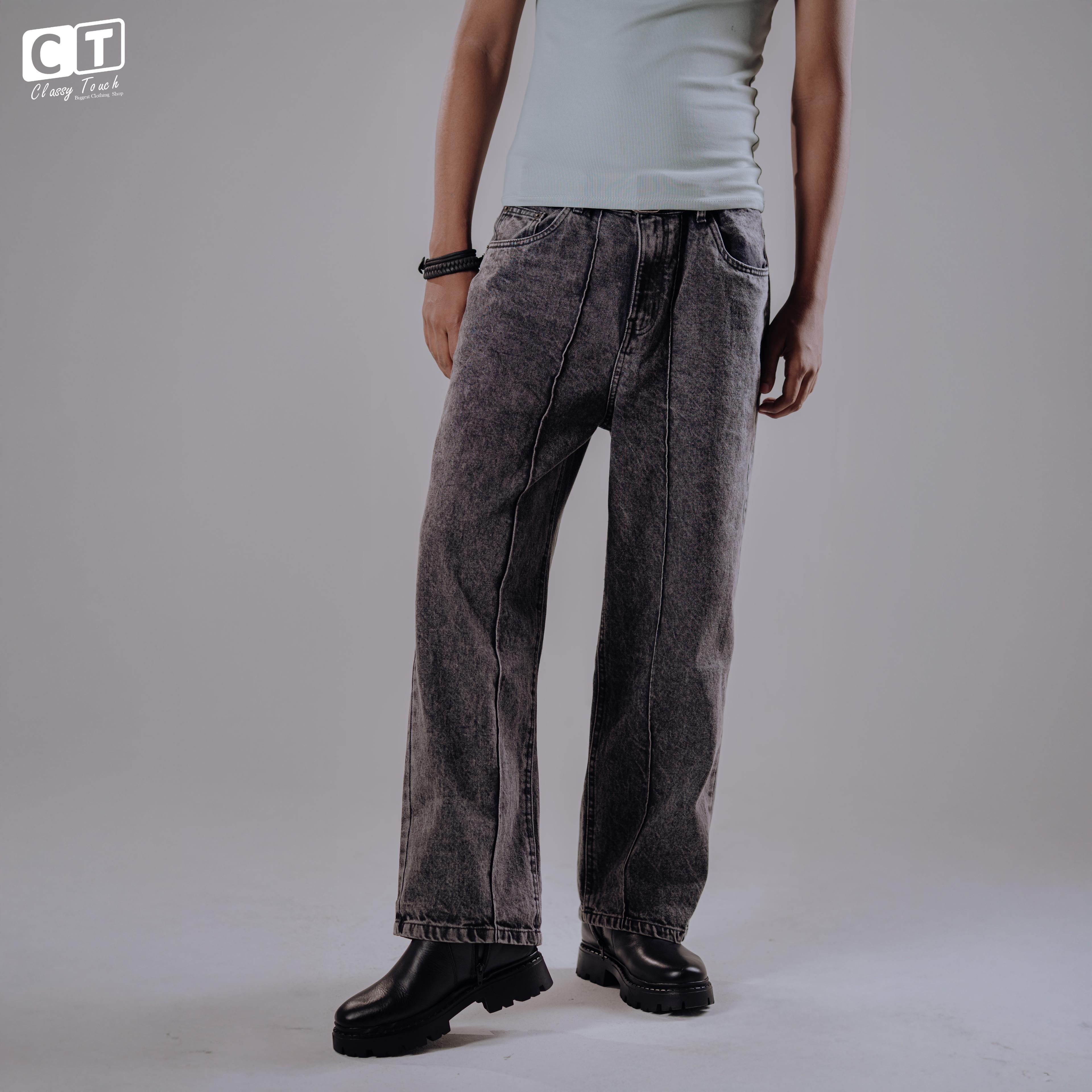 Straight Cut Acid Wash Baggy Jeans - Grey