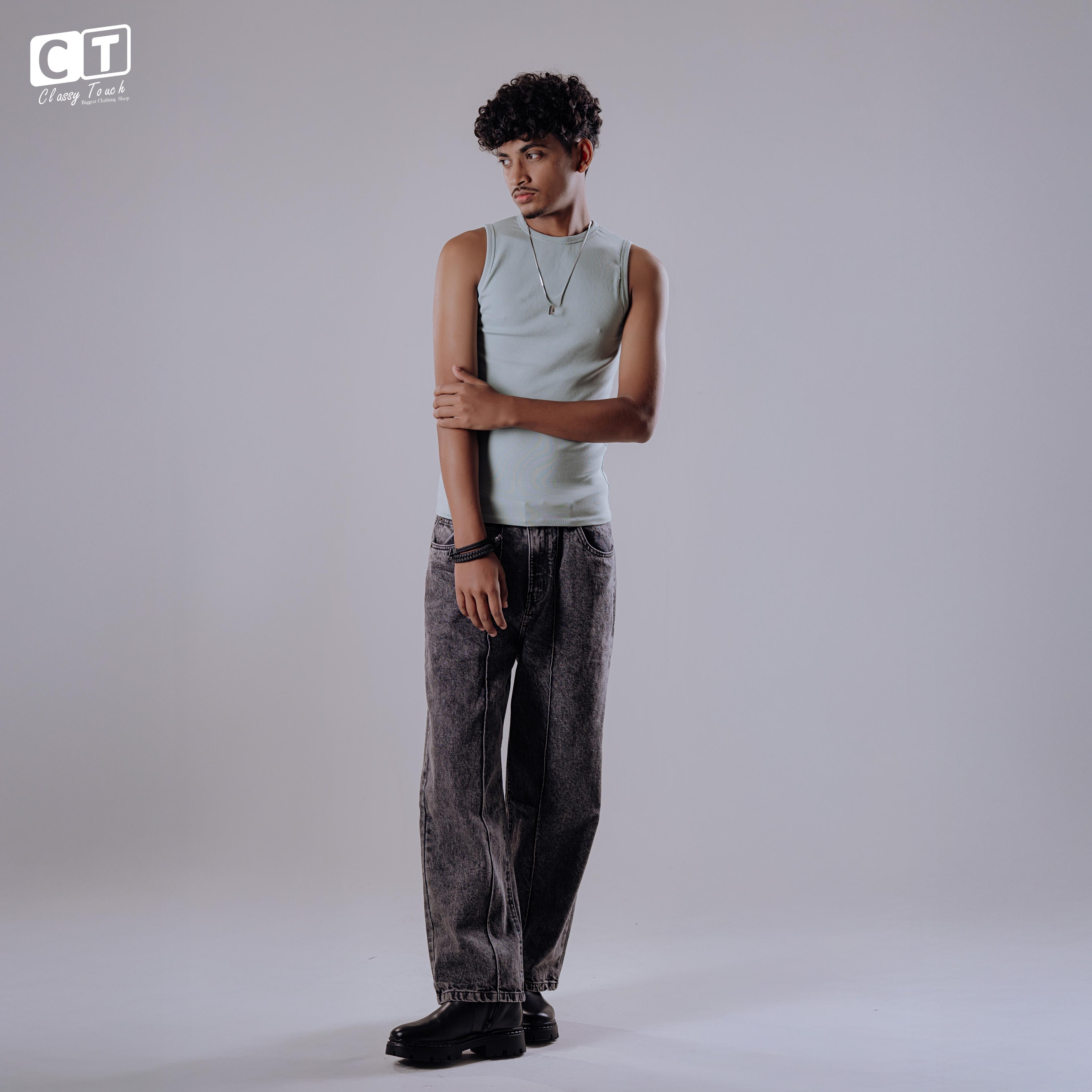 Straight Cut Acid Wash Baggy Jeans - Grey