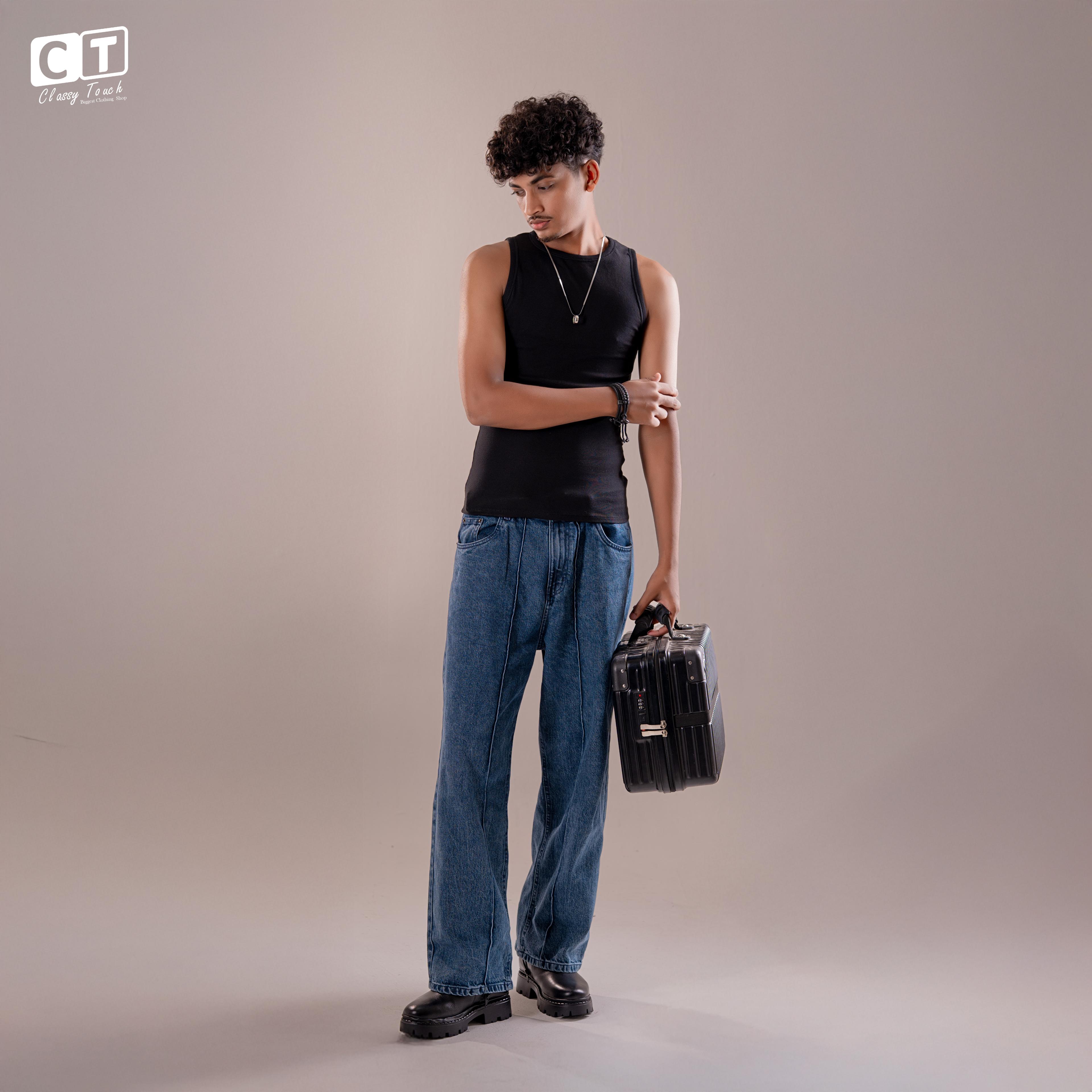 Straight Cut Acid Wash Baggy Jeans - Smokey Blue