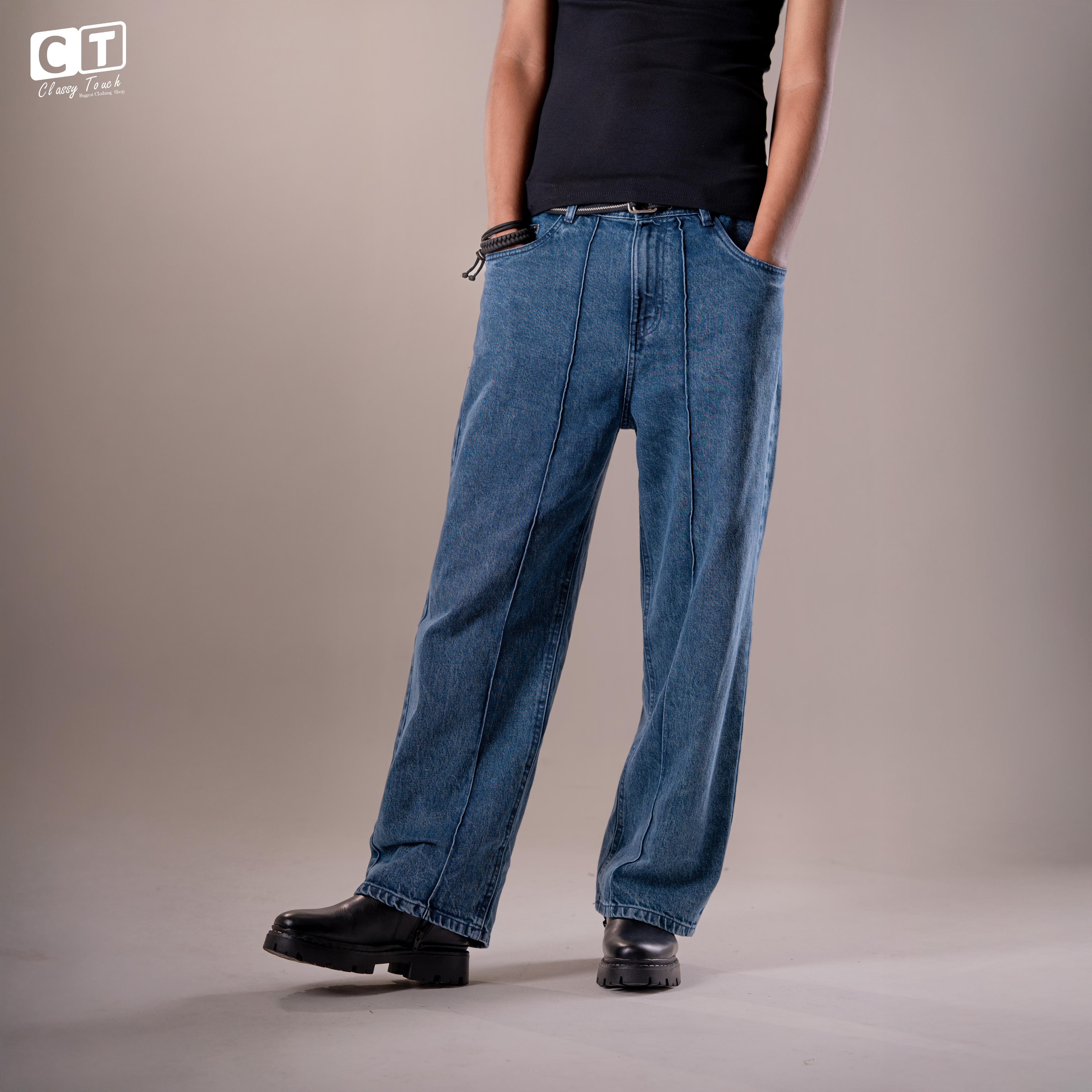 Straight Cut Acid Wash Baggy Jeans - Smokey Blue