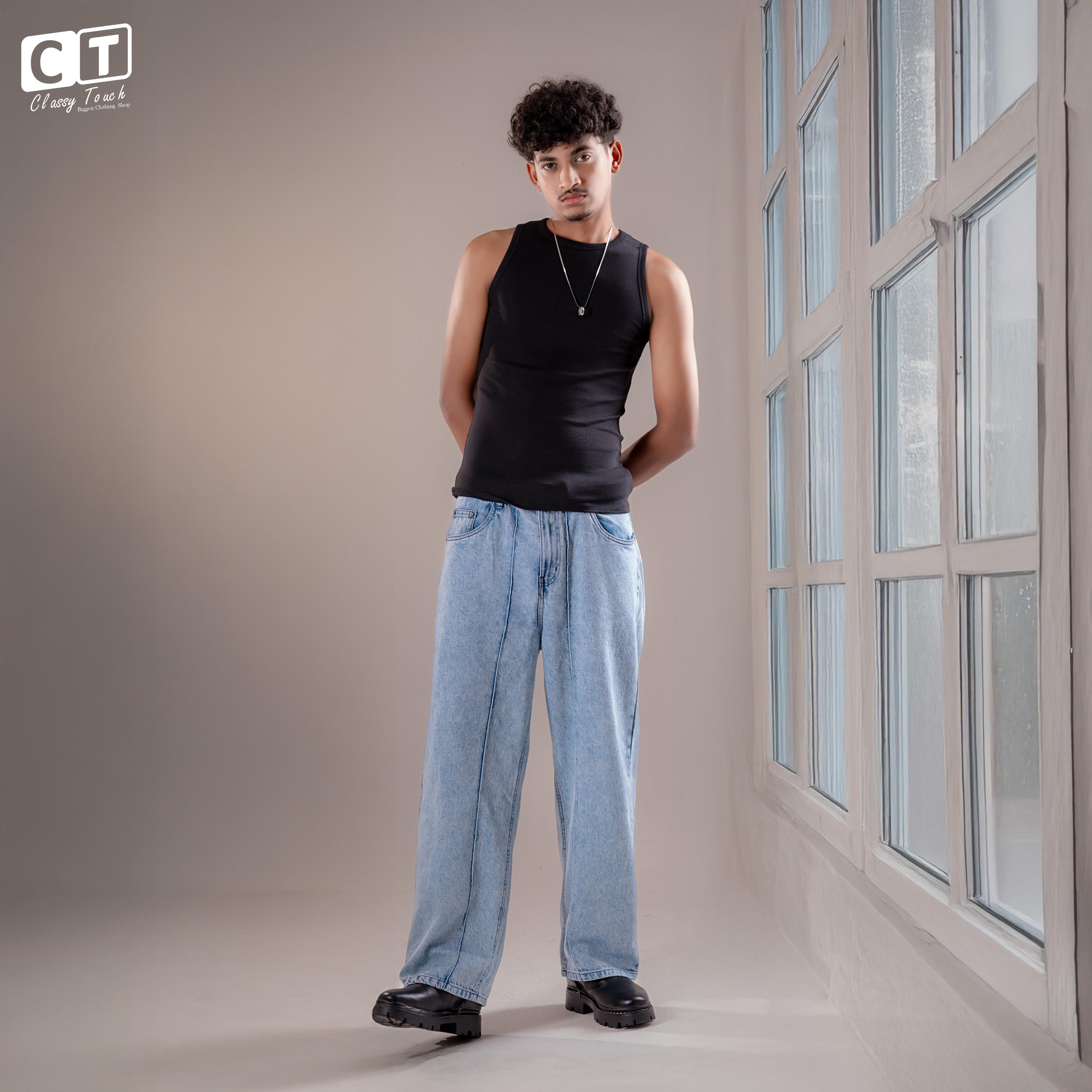 Straight Cut Acid Wash Baggy Jeans - Light Blue