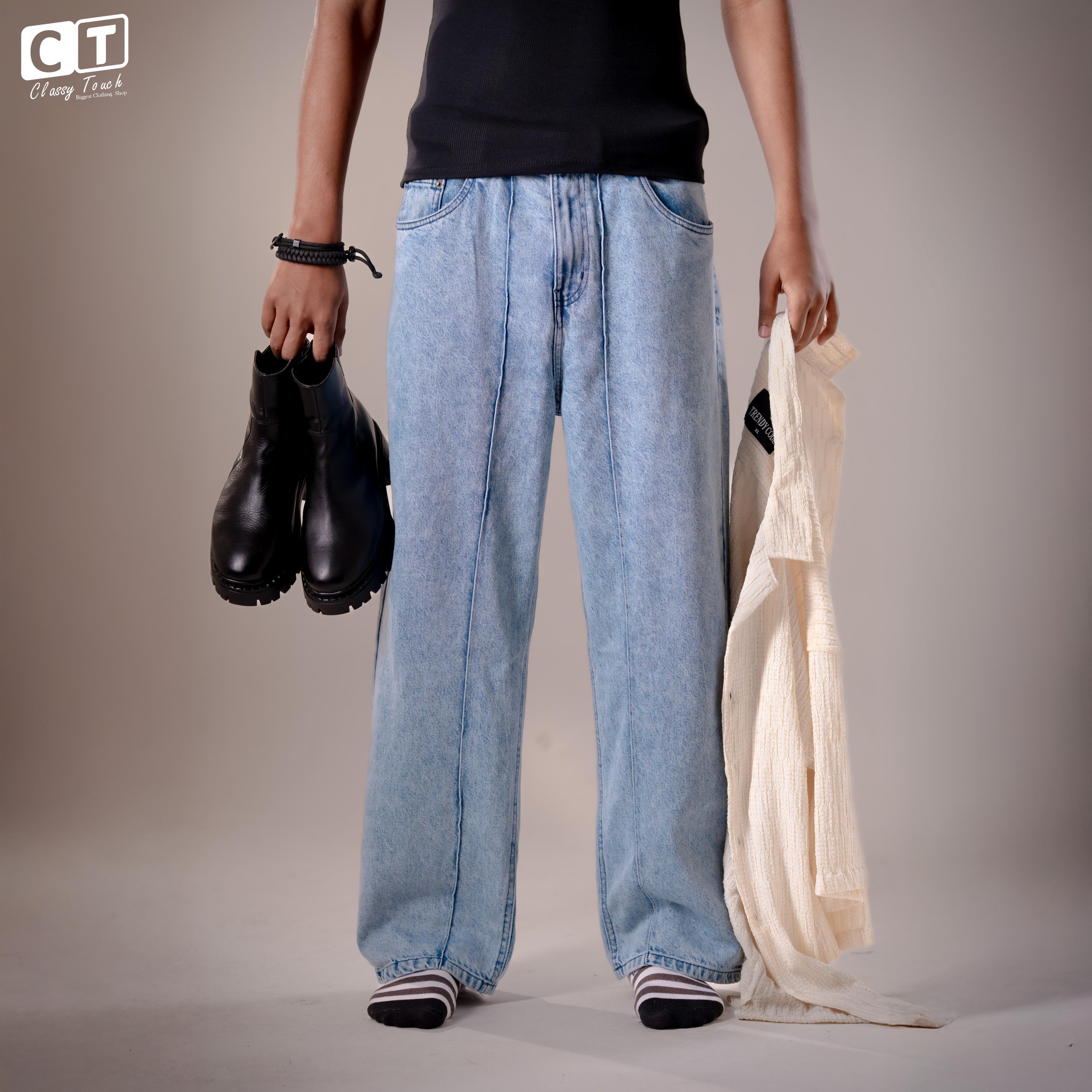 Straight Cut Acid Wash Baggy Jeans - Light Blue