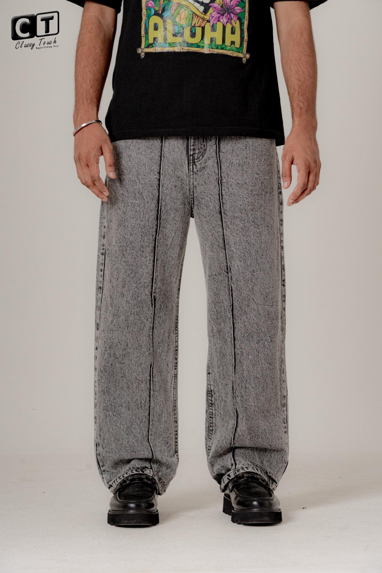 Straight Cut Acid Wash Baggy Jeans - Light Grey