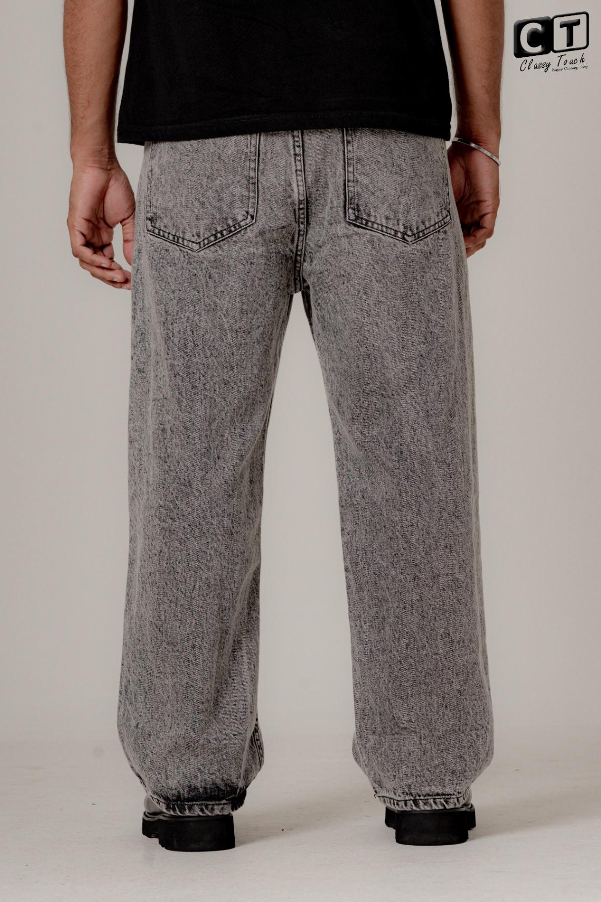 Straight Cut Acid Wash Baggy Jeans - Light Grey