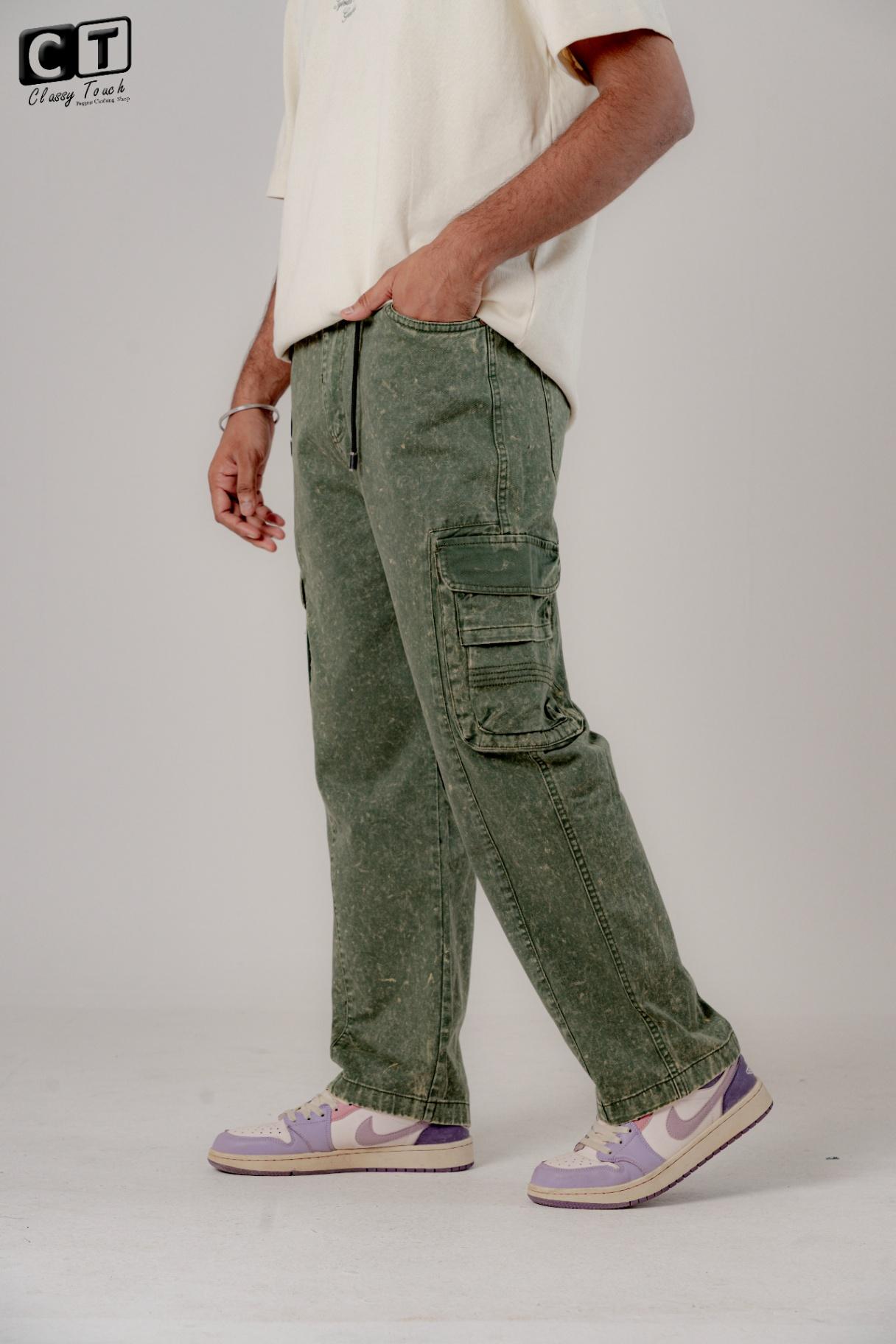 Acid Wash Twill Cargo Baggy -Vintage Olive