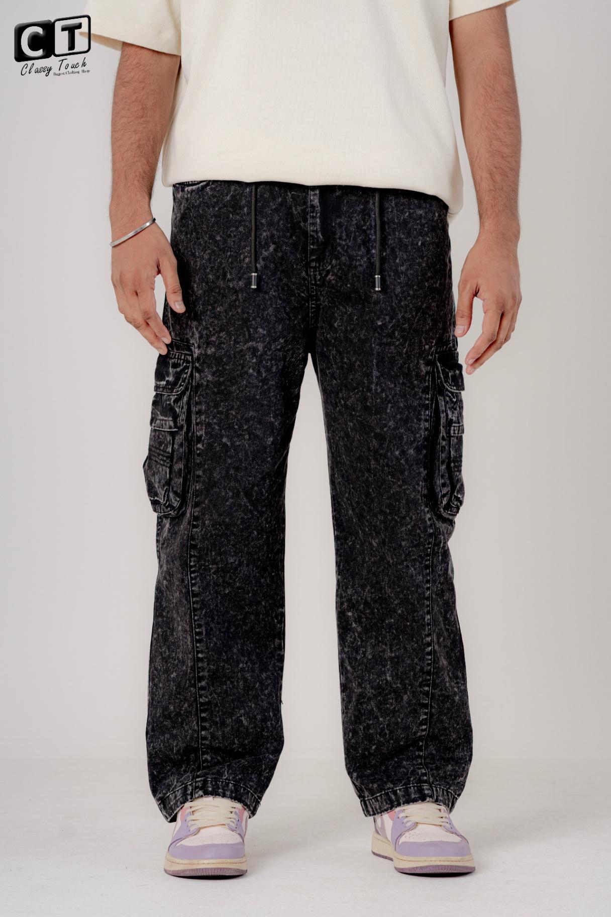 Acid Wash Twill Cargo Baggy - Vintage Black