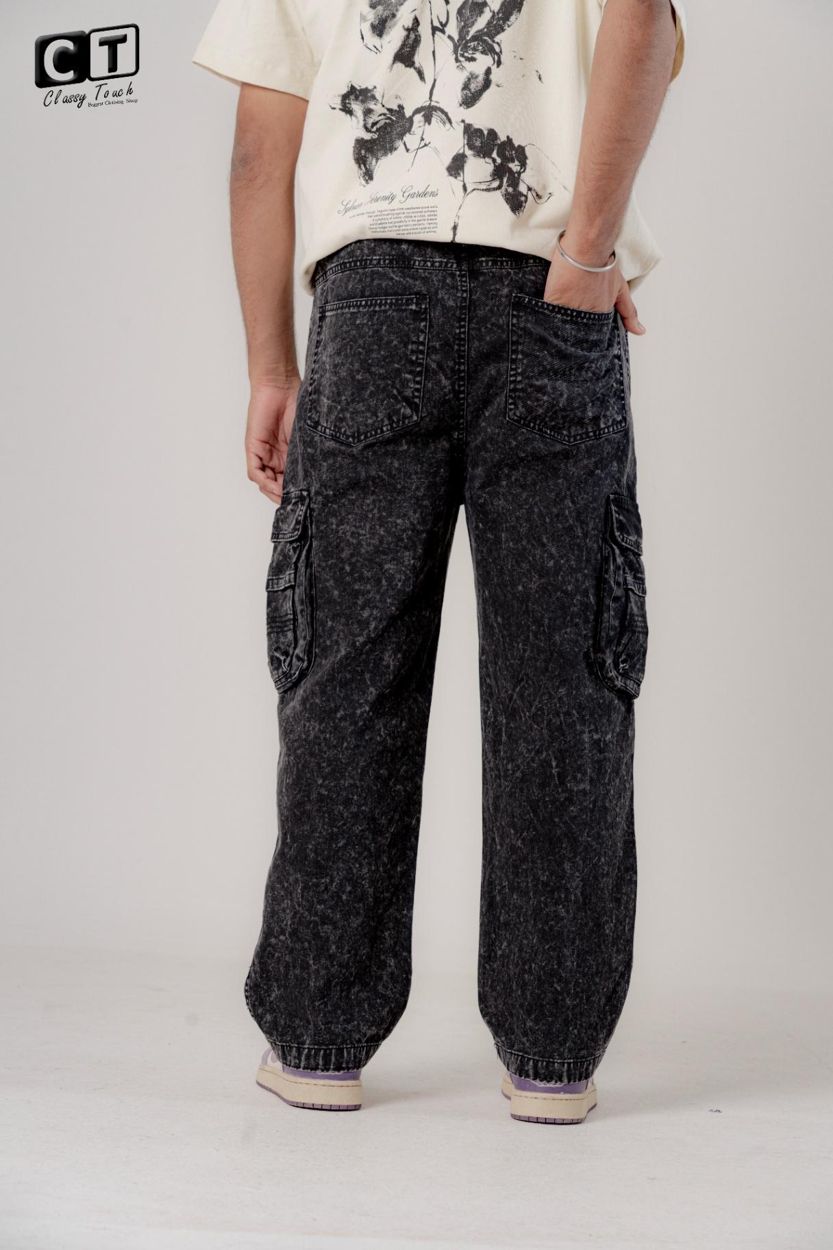 Acid Wash Twill Cargo Baggy - Vintage Black