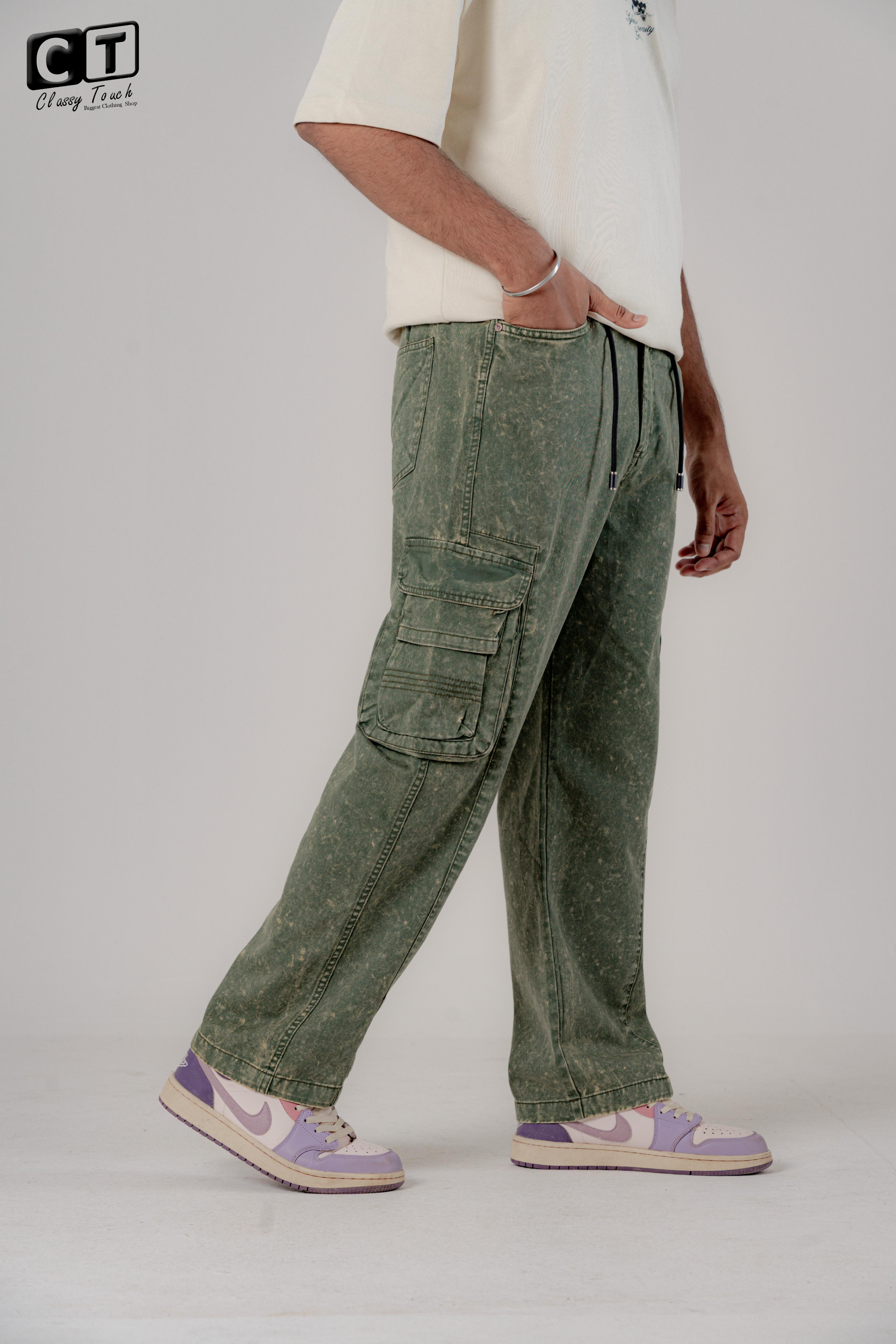 Acid Wash Twill Cargo Baggy -Vintage Olive