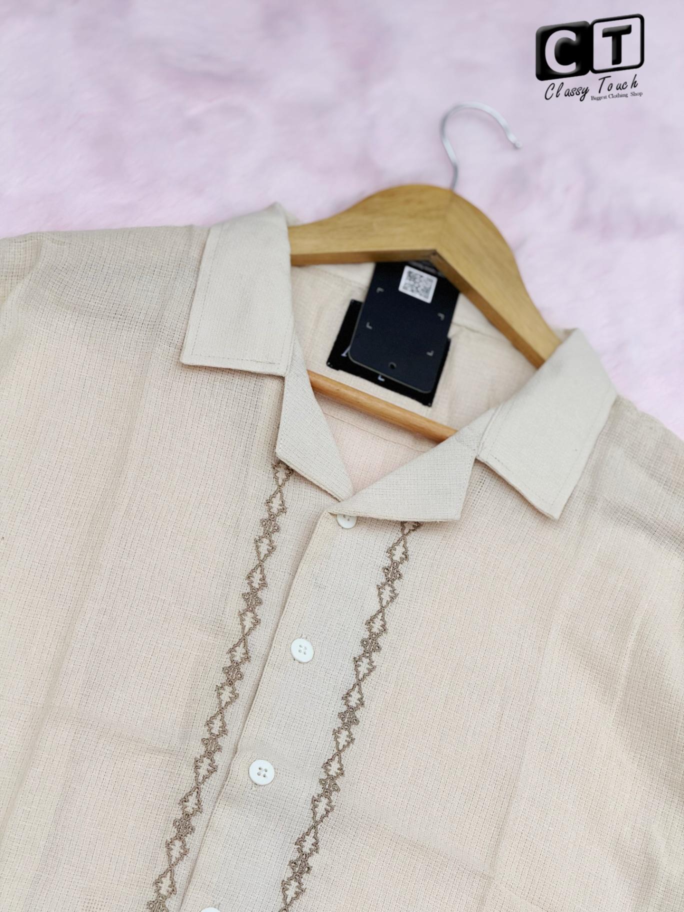 Embroidery Drop Shoulder Shirt -  Off White