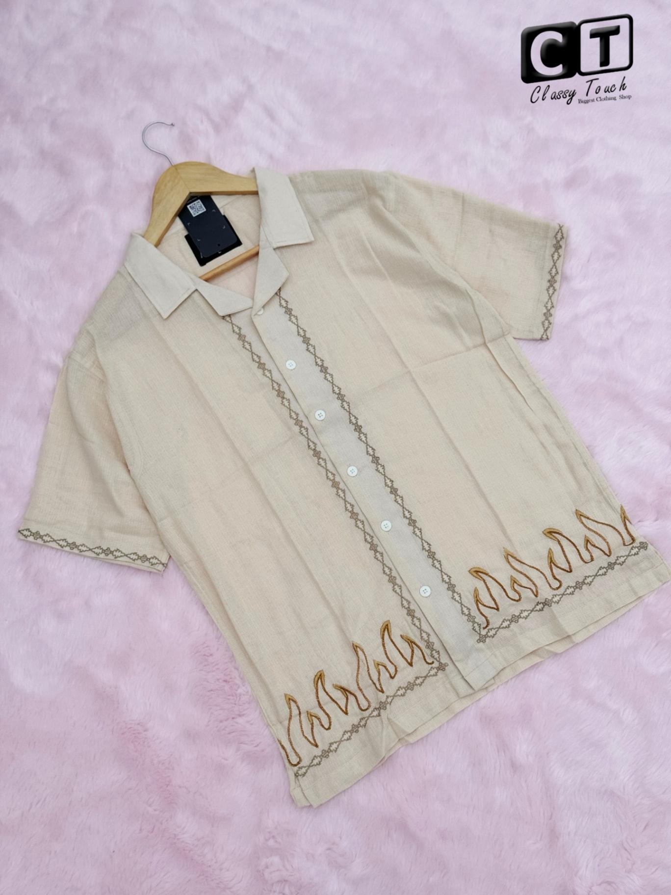 Embroidery Drop Shoulder Shirt -  Off White