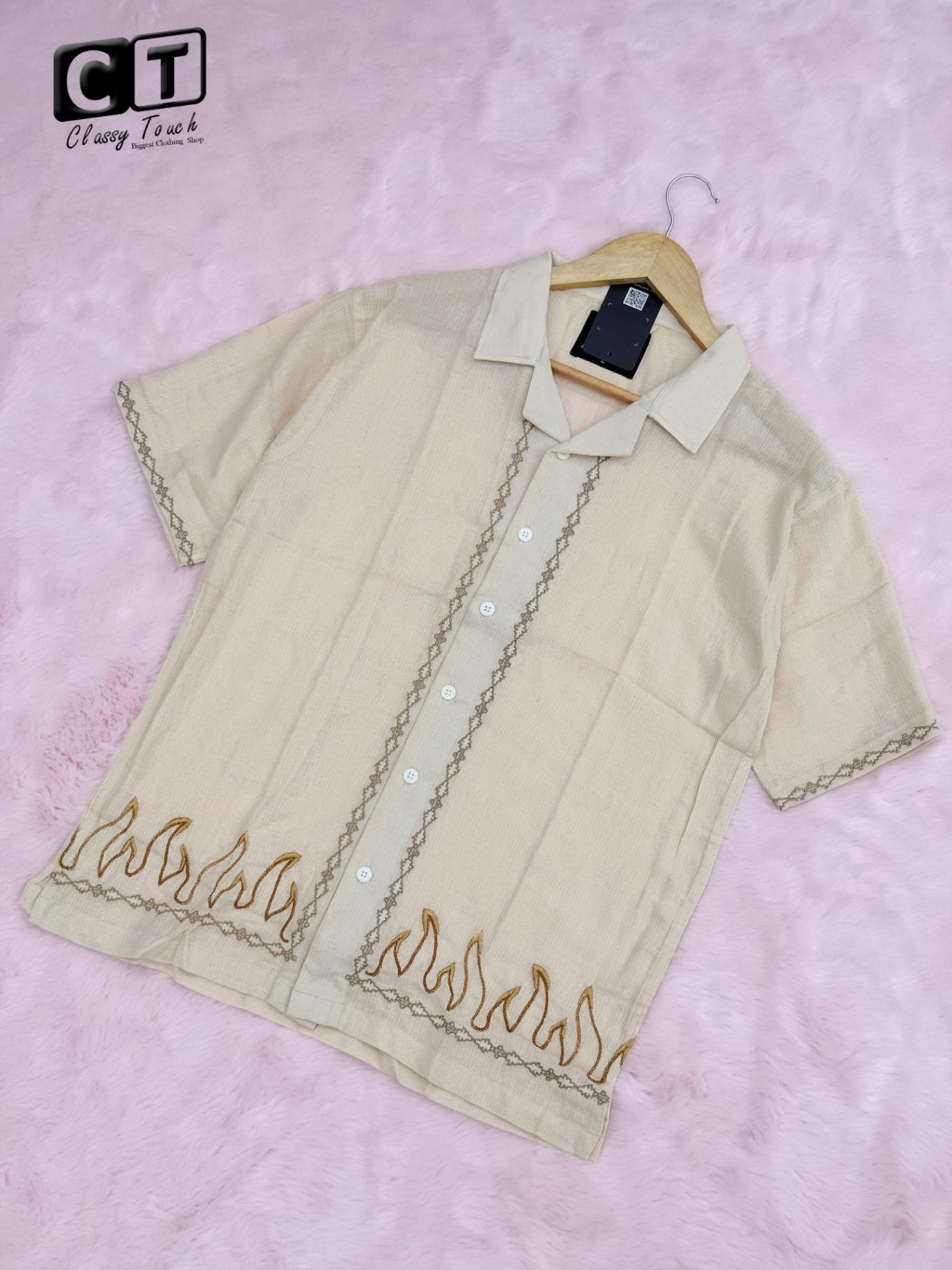 Embroidery Drop Shoulder Shirt -  Off White