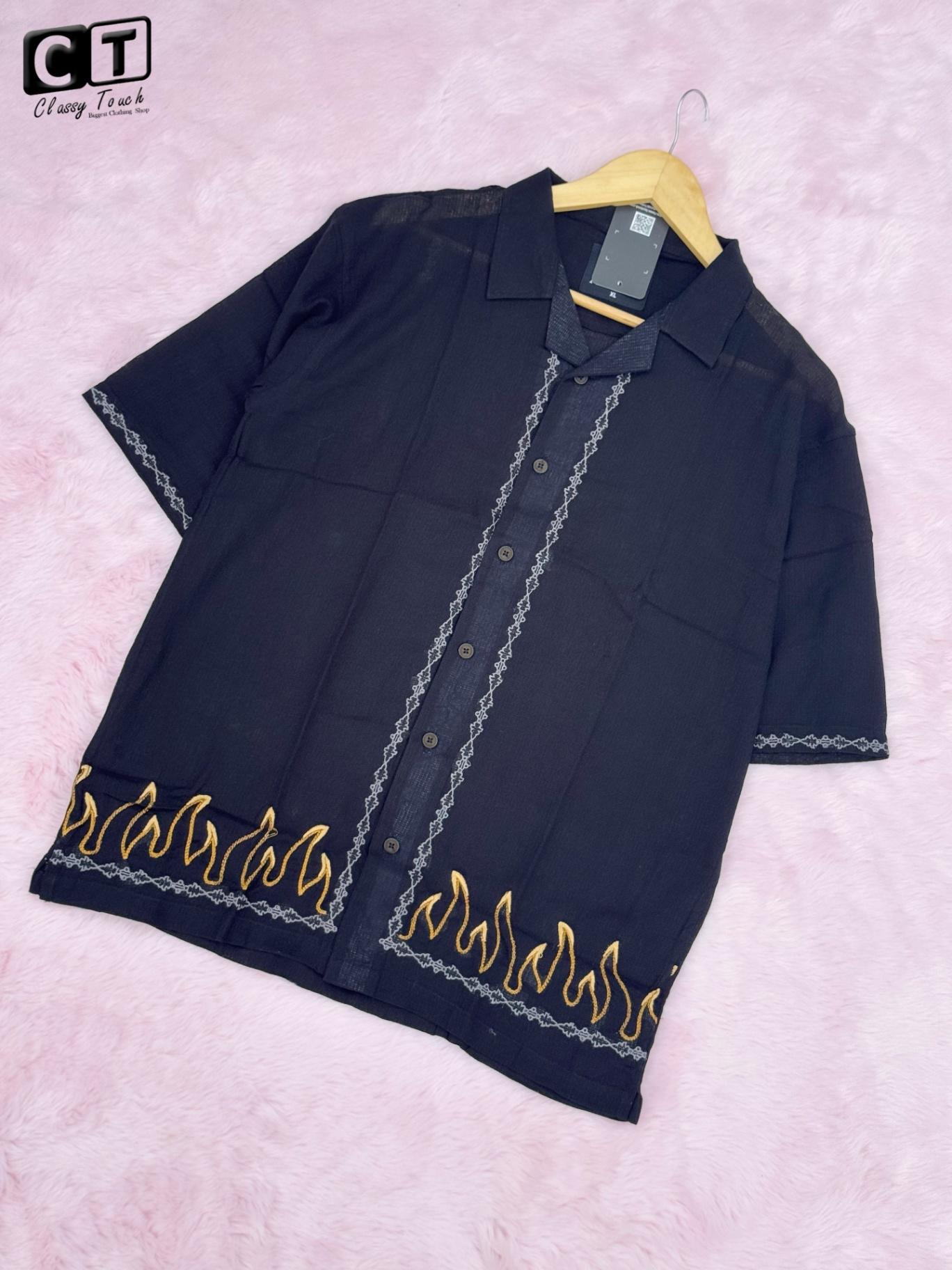 Embroidery Drop Shoulder Shirt -  Black