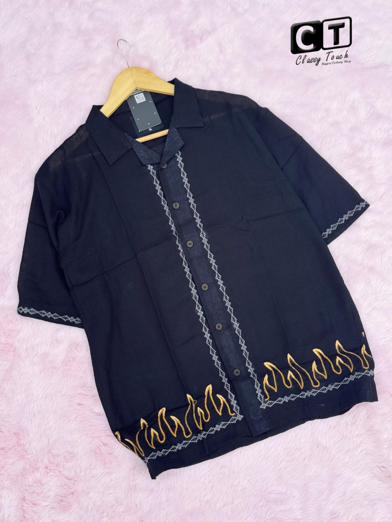 Embroidery Drop Shoulder Shirt -  Black