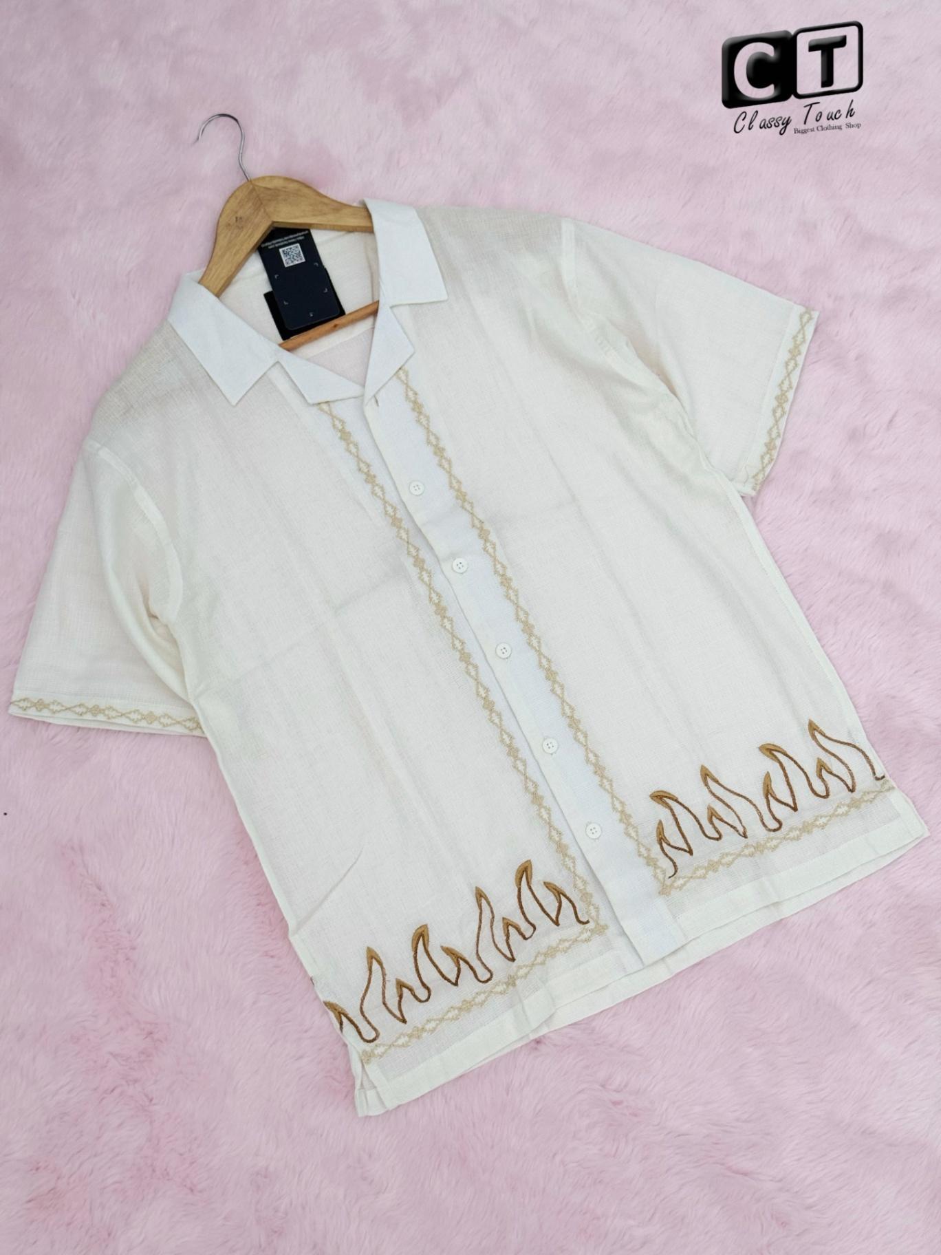 Embroidery Drop Shoulder Shirt -  White