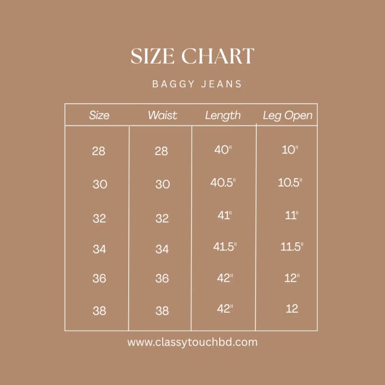 Deep Gray Baggy Jeans Size Chart